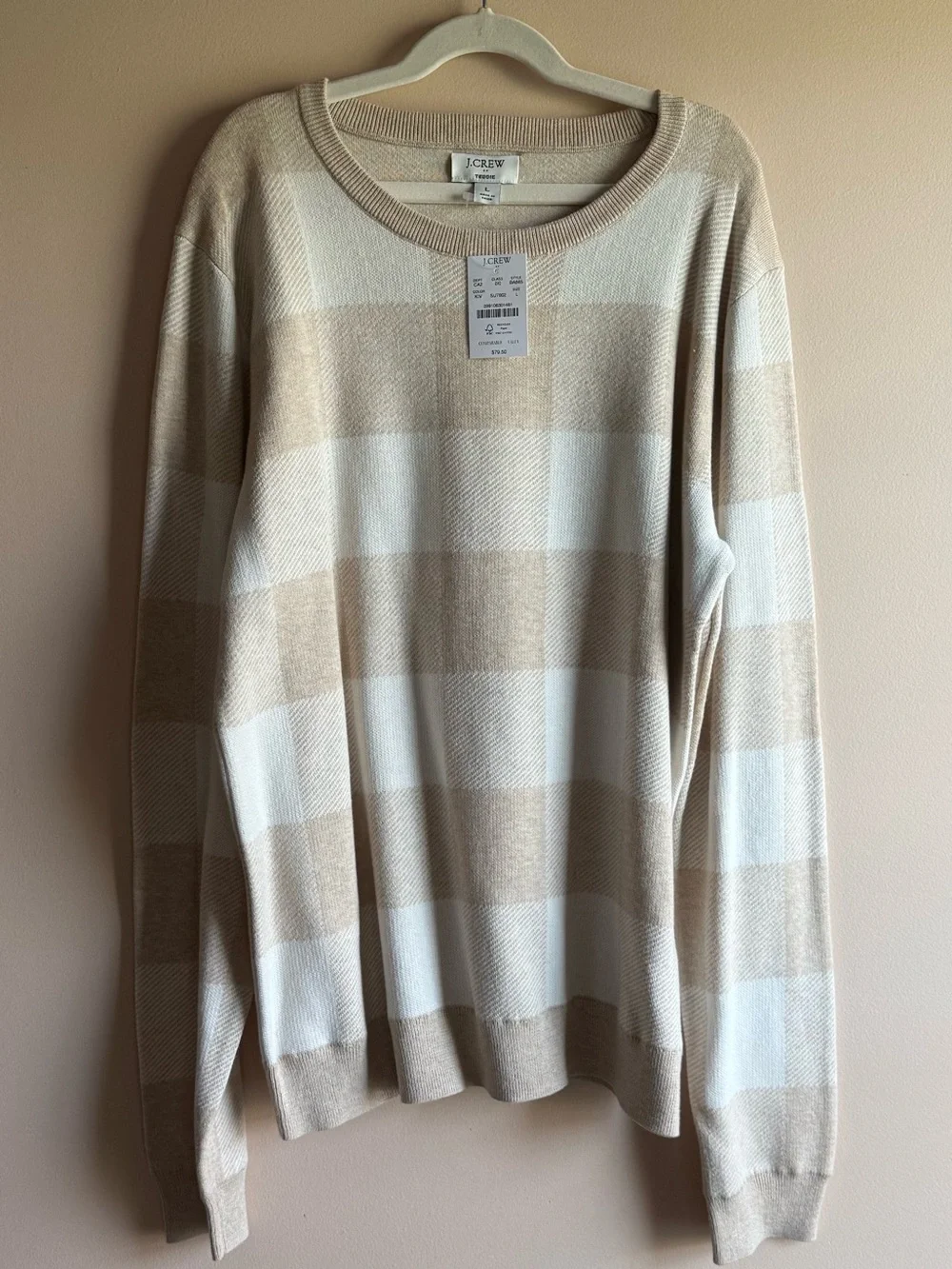 J. Crew Beige and Cream Check Crewneck Sweater